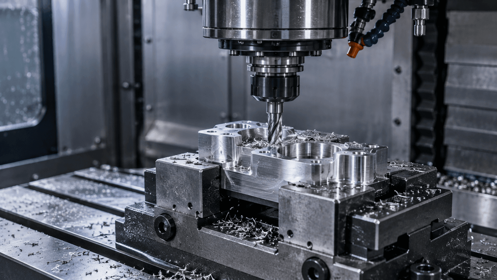 Illustration of a CNC milling spindle machining a secured metal component